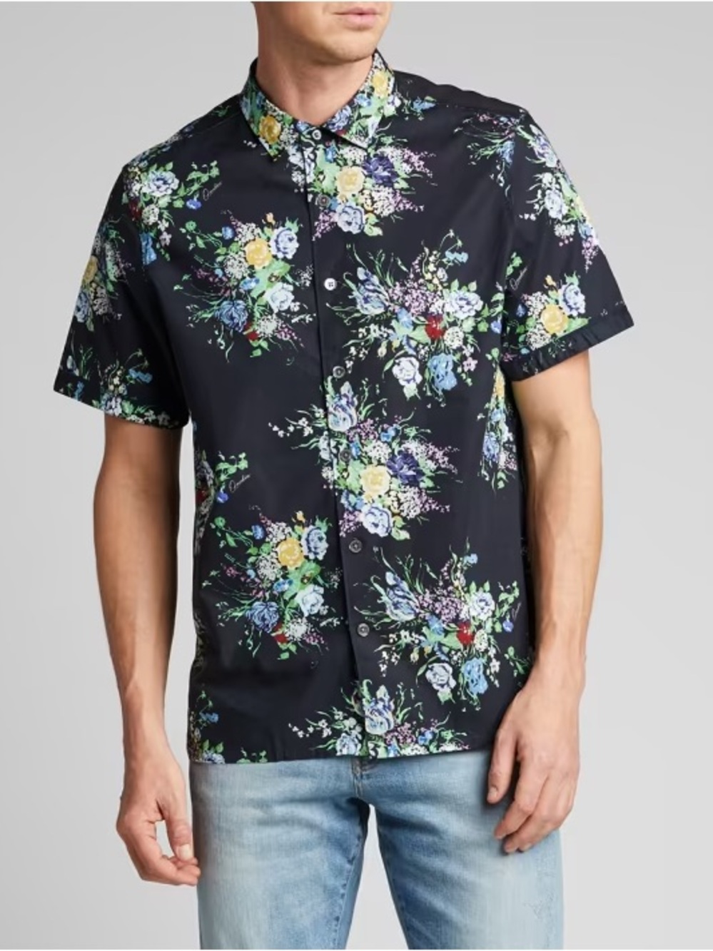 OVADIA Men's Bouquet Print Black Floral Camp Shirt 2XL S/S